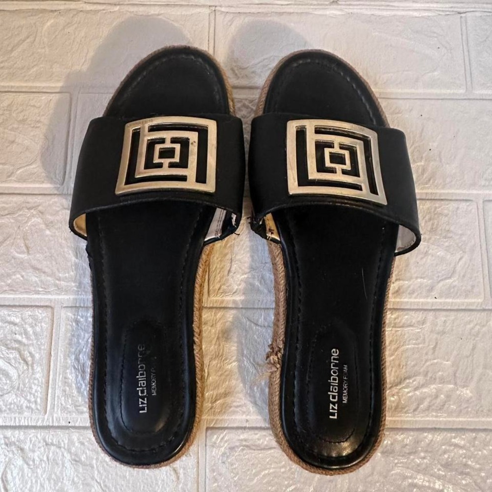 Liz Claiborne Black Gold Wedge Sandals Espadrille Platform Slides Size 9.5‎